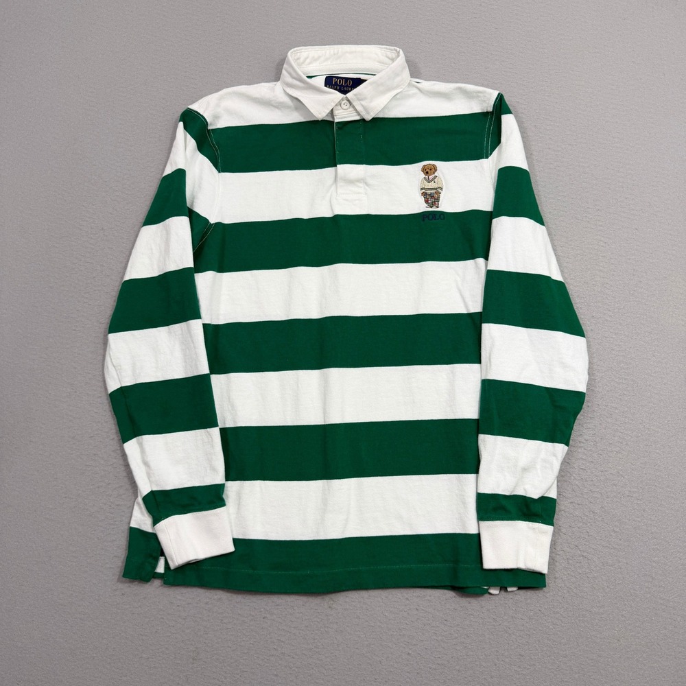 Polo Ralph Lauren Rugby Shirt Large Green White Polo Bear Custom Slim Fit Strip